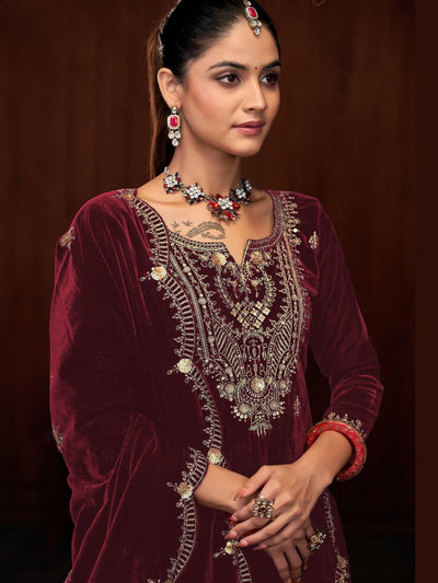 Odette Maroon Velvet Embroidered Semi-Stitched Kurta Set For Women