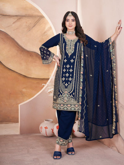 Odette Dark Blue Georgette Embroidered Stitched Kurta Set For Women