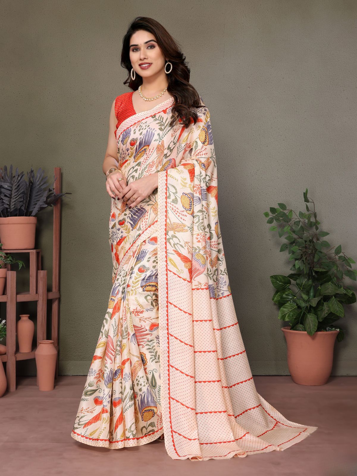 Odette Off White Khadi Printed Saree With Unstitched Blouse For Women