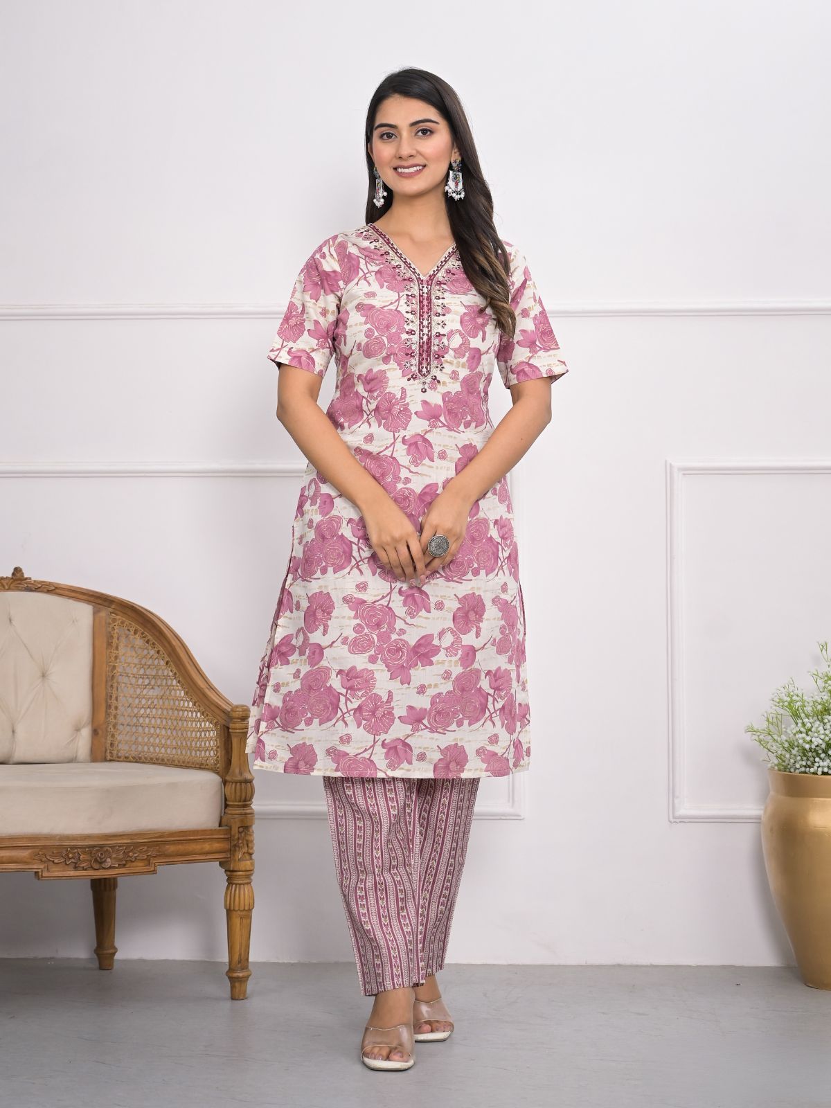 Odette Off White And Pink Chanderi Embroidered And Printed Stitched Kurta Set Without Dupatta For Women