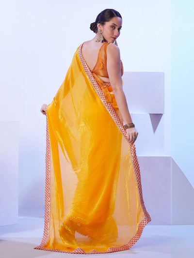 Odette Yellow Satin Lace Work Saree With Unstitched Blouse For Women