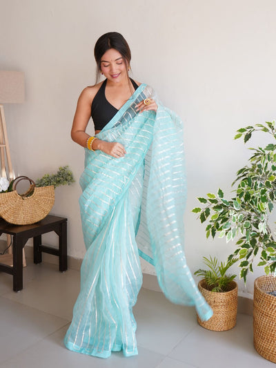 Odette Light Blue Organza Lace Work Saree With Unstitched Blouse For Women