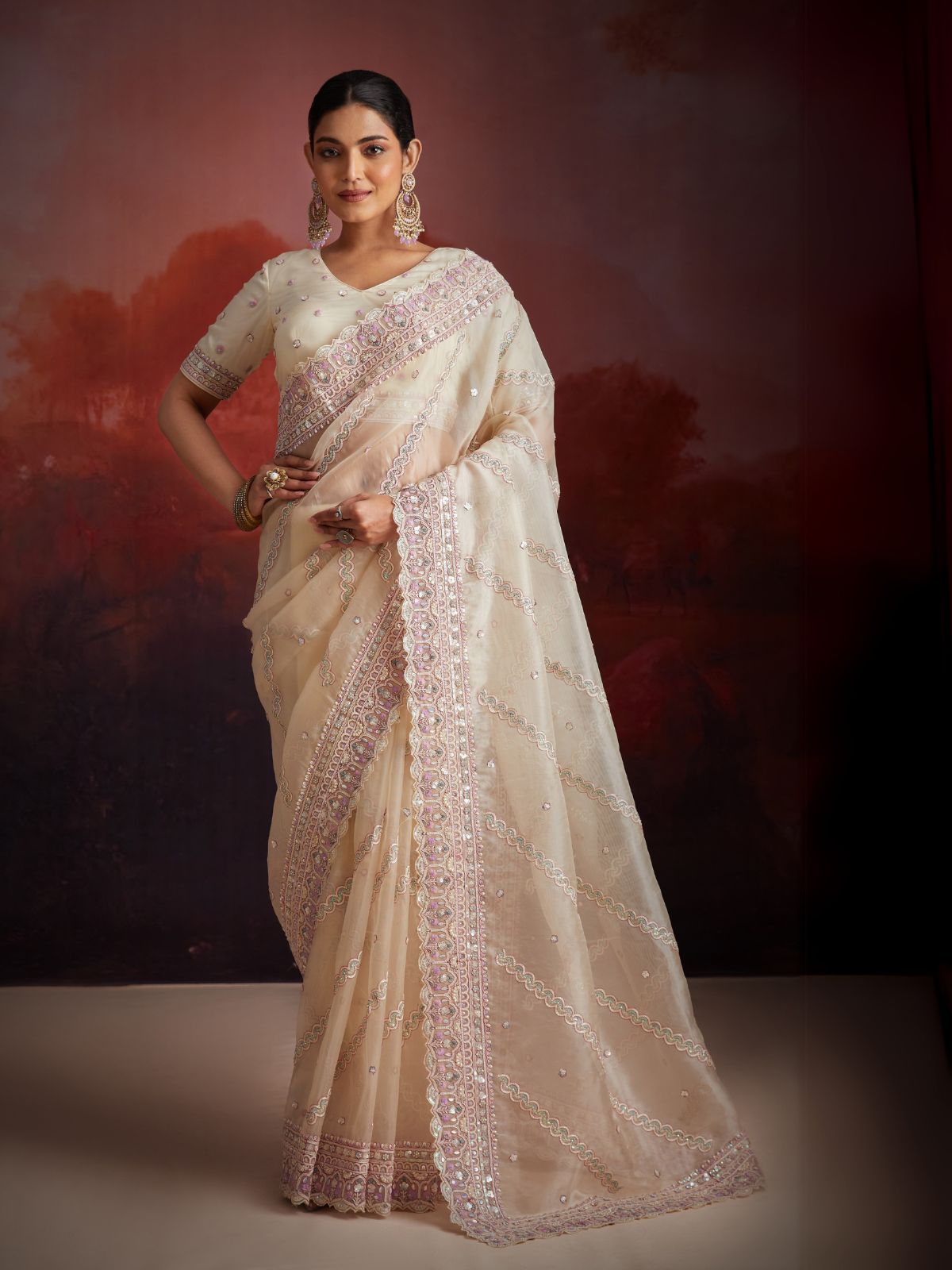 Odette Cream Soft Net Embellished Saree For Women