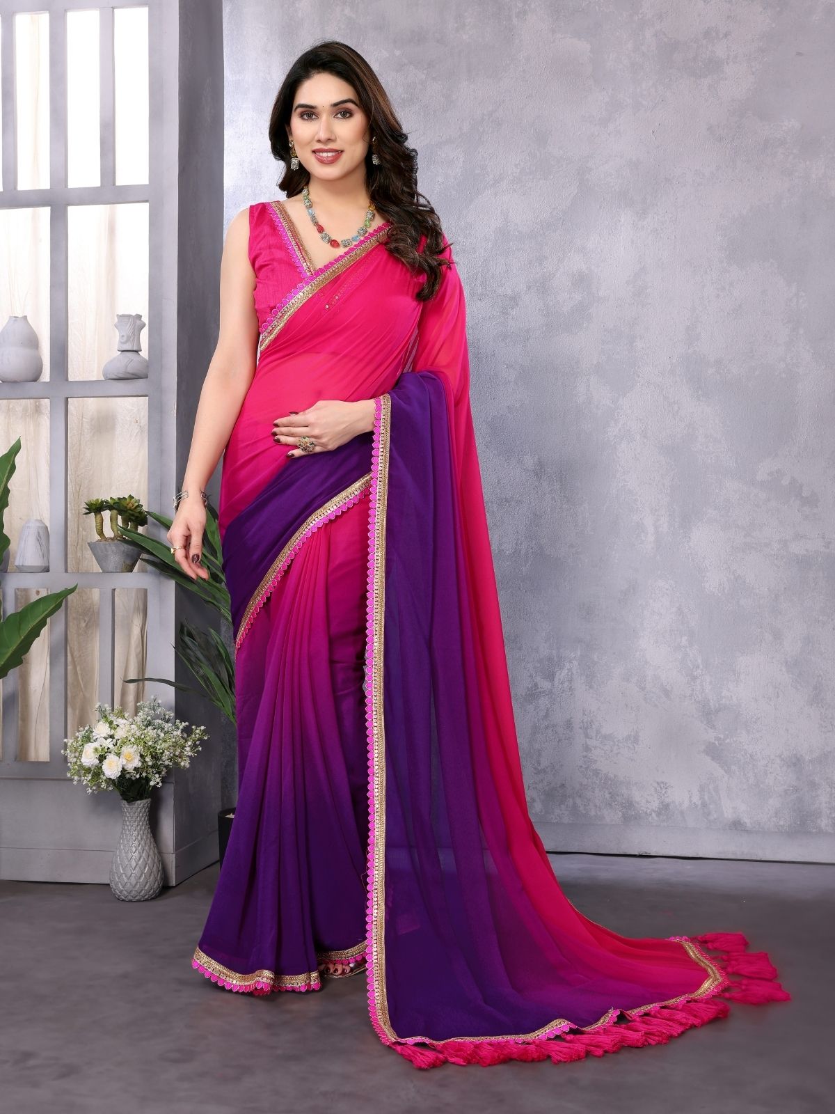 Odette Pink And Blue Georgette Lace Work Saree With Unstitched Blouse For Women