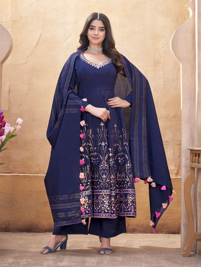 Odette Navy Blue Silk Blend Printed Stitched Kurta Set For Women