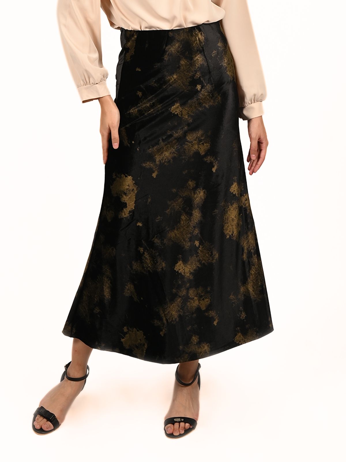 Odette Black Velvet Printed Skirt For Women