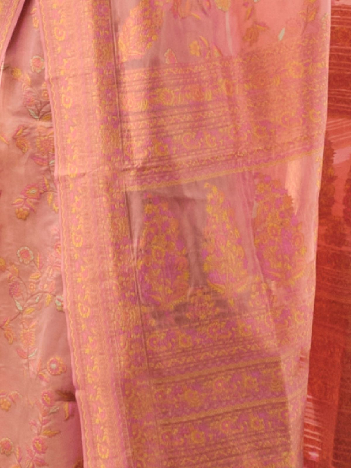 Odette Peach Organza Woven Saree With Unstitched Blouse For Women