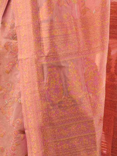 Odette Peach Organza Woven Saree With Unstitched Blouse For Women