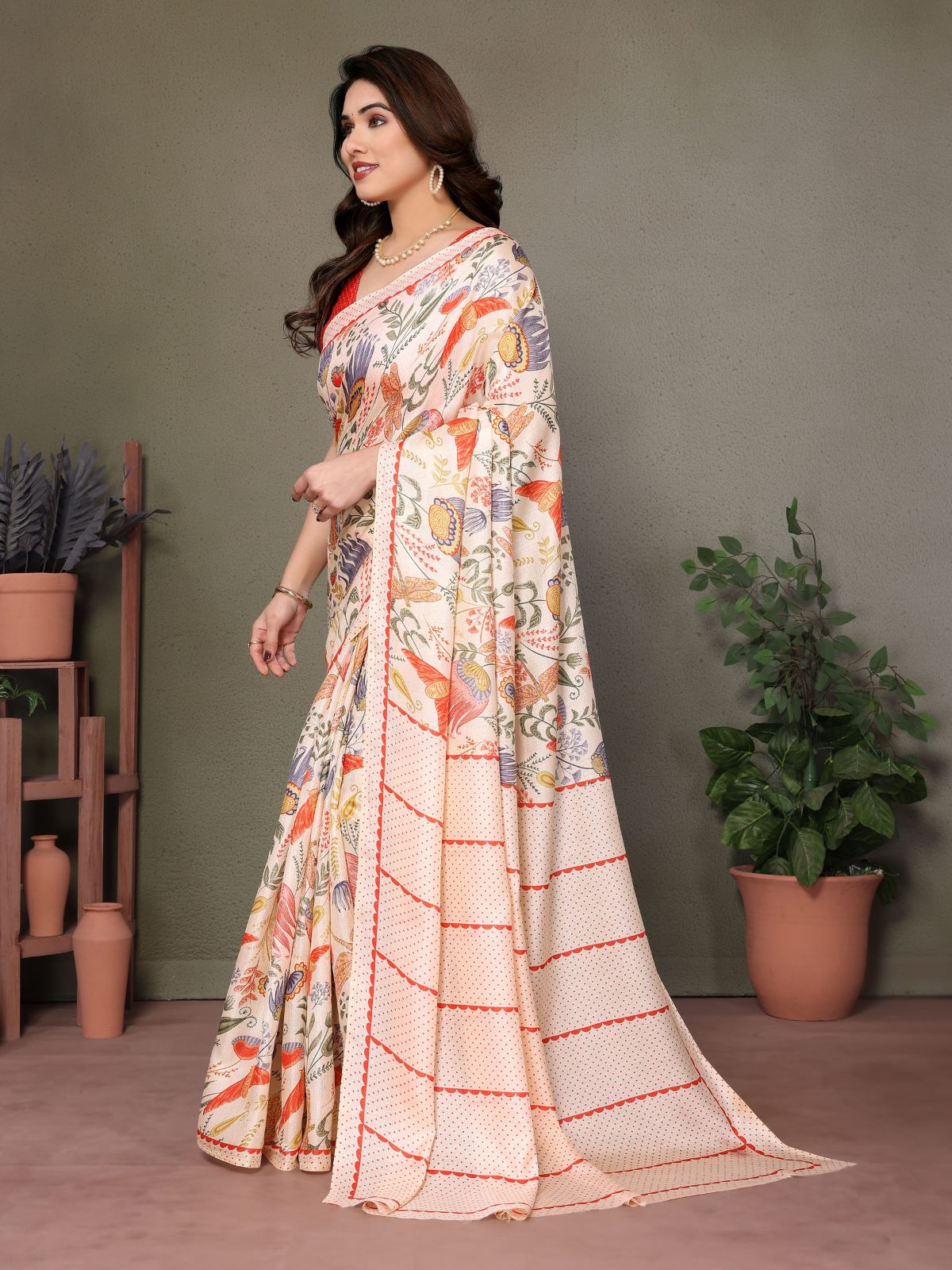 Odette Off White Khadi Printed Saree With Unstitched Blouse For Women