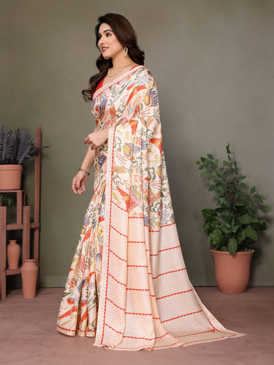 Odette Off White Khadi Printed Saree With Unstitched Blouse For Women