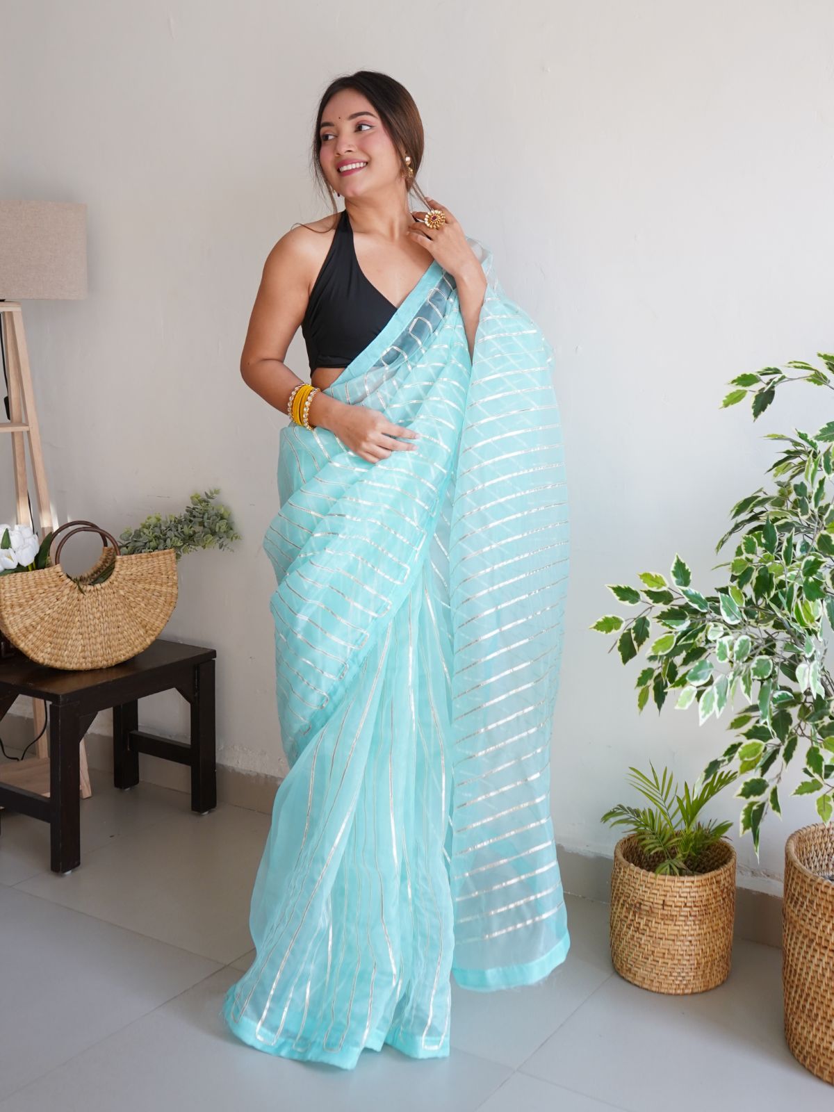 Odette Light Blue Organza Lace Work Saree With Unstitched Blouse For Women