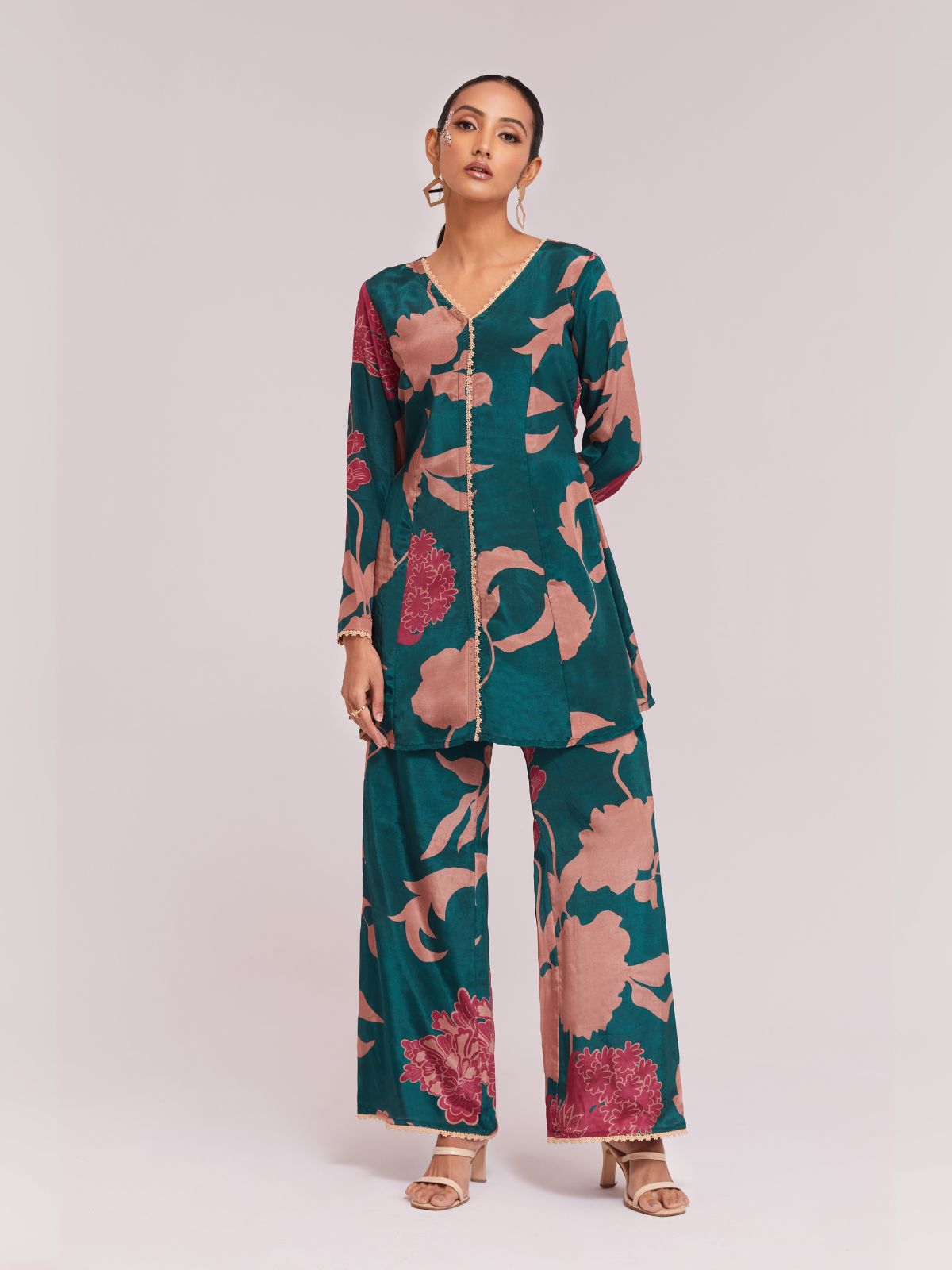 Odette Teal Silk Blend Printed Stitched Co-Ord Set For Women