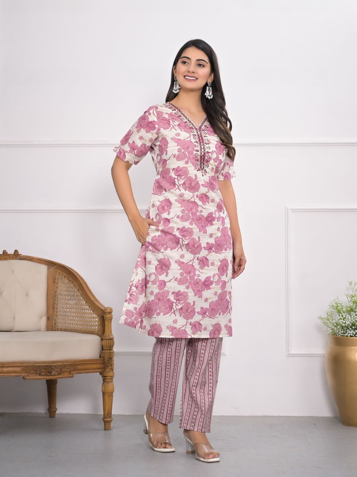 Odette Off White And Pink Chanderi Embroidered And Printed Stitched Kurta Set Without Dupatta For Women