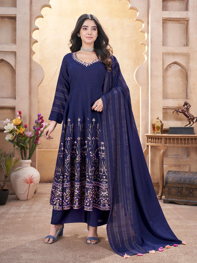 Odette Navy Blue Silk Blend Printed Stitched Kurta Set For Women