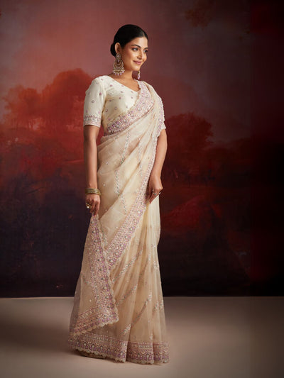 Odette Cream Soft Net Embellished Saree For Women