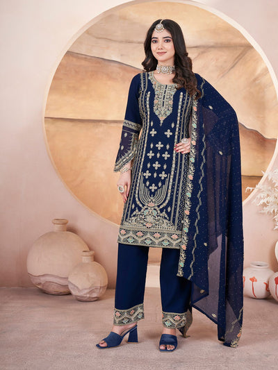 Odette Dark Blue Georgette Embroidered Stitched Kurta Set For Women