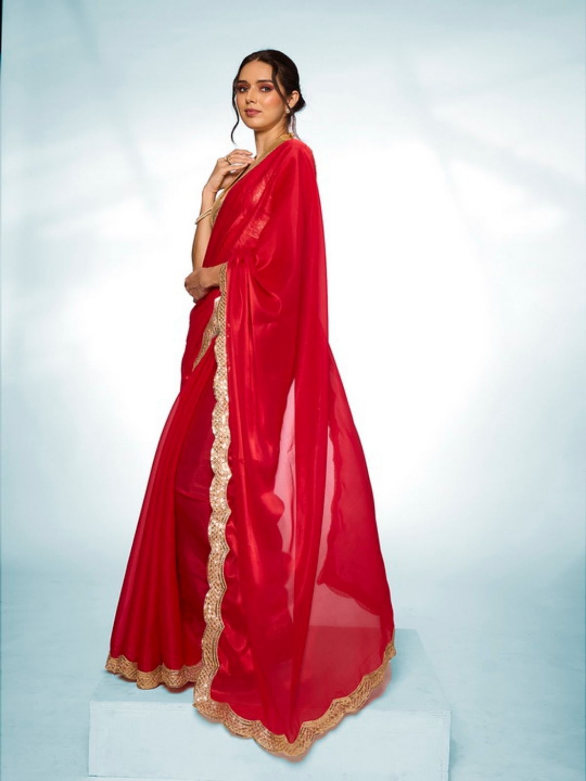 Odette Red Jimmy Choo Lace Work Saree With Unstitched Blouse For Women