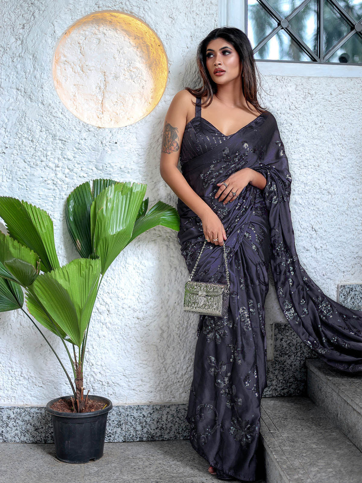 Odette Women Grey Designer Sequins Saree With Unstitched Blouse