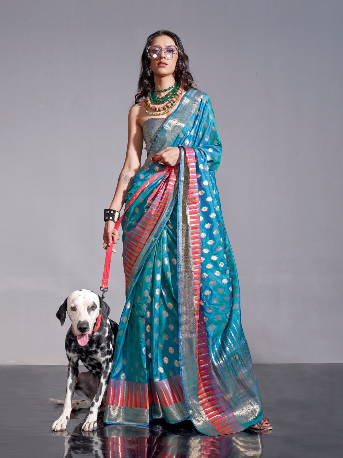 Odette Teal Silk Blend Woven Saree With Unstitched Blouse For Women