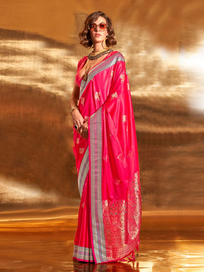 Odette Pink Satin Woven Saree With Unstitched Blouse For Women