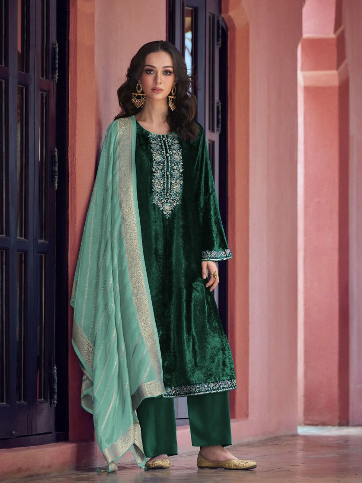 Odette Dark Green Velvet Embroidery Semi-Stitched Kurta Set For Women