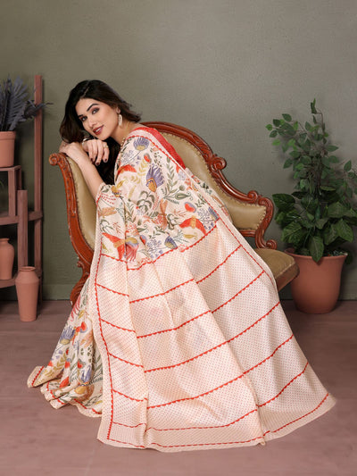 Odette Off White Khadi Printed Saree With Unstitched Blouse For Women