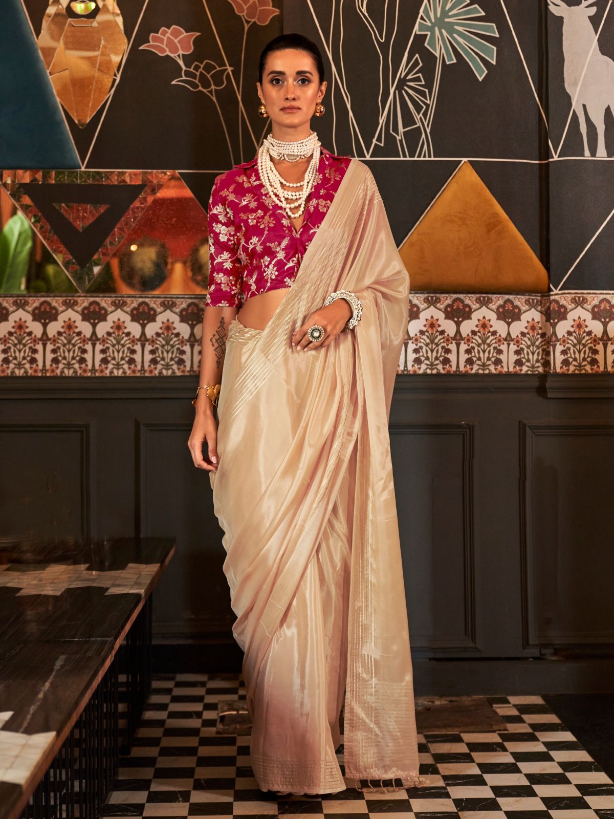 Odette Beige Viscose Woven Saree With Unstitched Blouse For Women