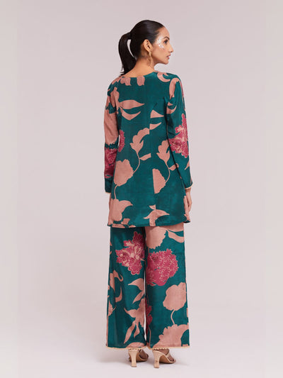 Odette Teal Silk Blend Printed Stitched Co-Ord Set For Women