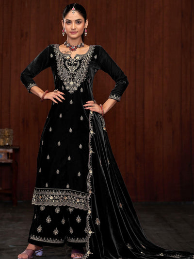 Odette Black Velvet Embroidered Semi-Stitched Kurta Set For Women