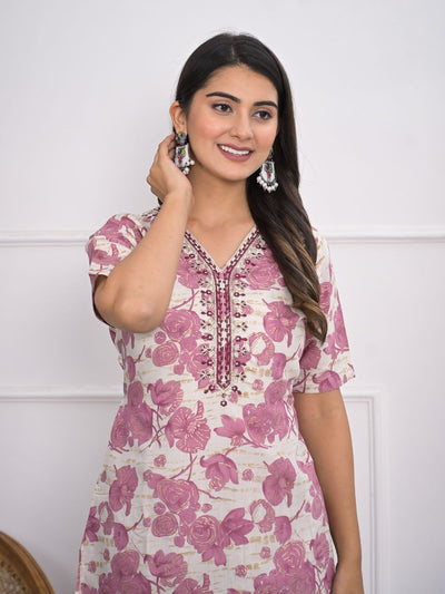 Odette Off White And Pink Chanderi Embroidered And Printed Stitched Kurta Set Without Dupatta For Women