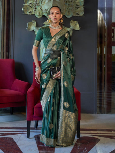 Odette Green Silk Blend Woven Saree With Unstitched Blouse for Women