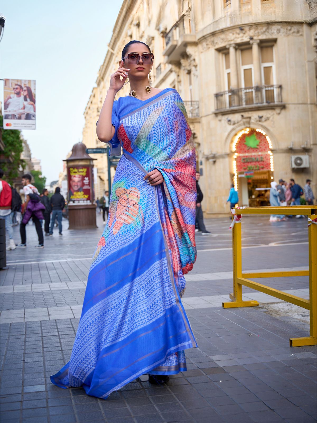 Odette Blue Poly Viscose Printed Saree With Unstitched Blouse For Women