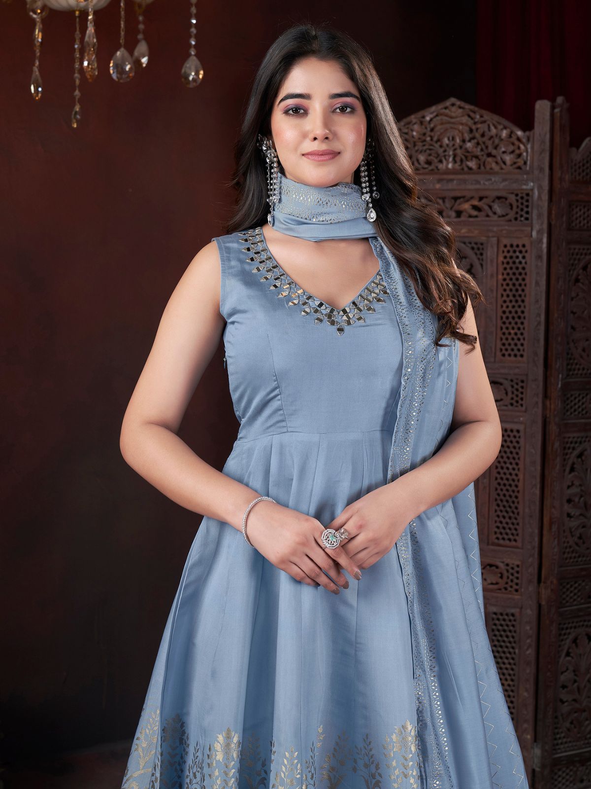 Odette Blue Silk Blend Woven Stitched Kurta Set For Women