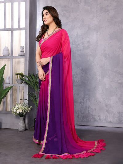 Odette Pink And Blue Georgette Lace Work Saree With Unstitched Blouse For Women