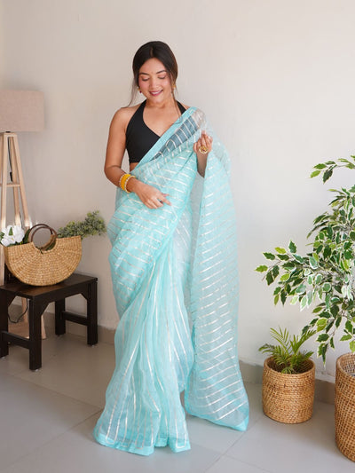 Odette Light Blue Organza Lace Work Saree With Unstitched Blouse For Women