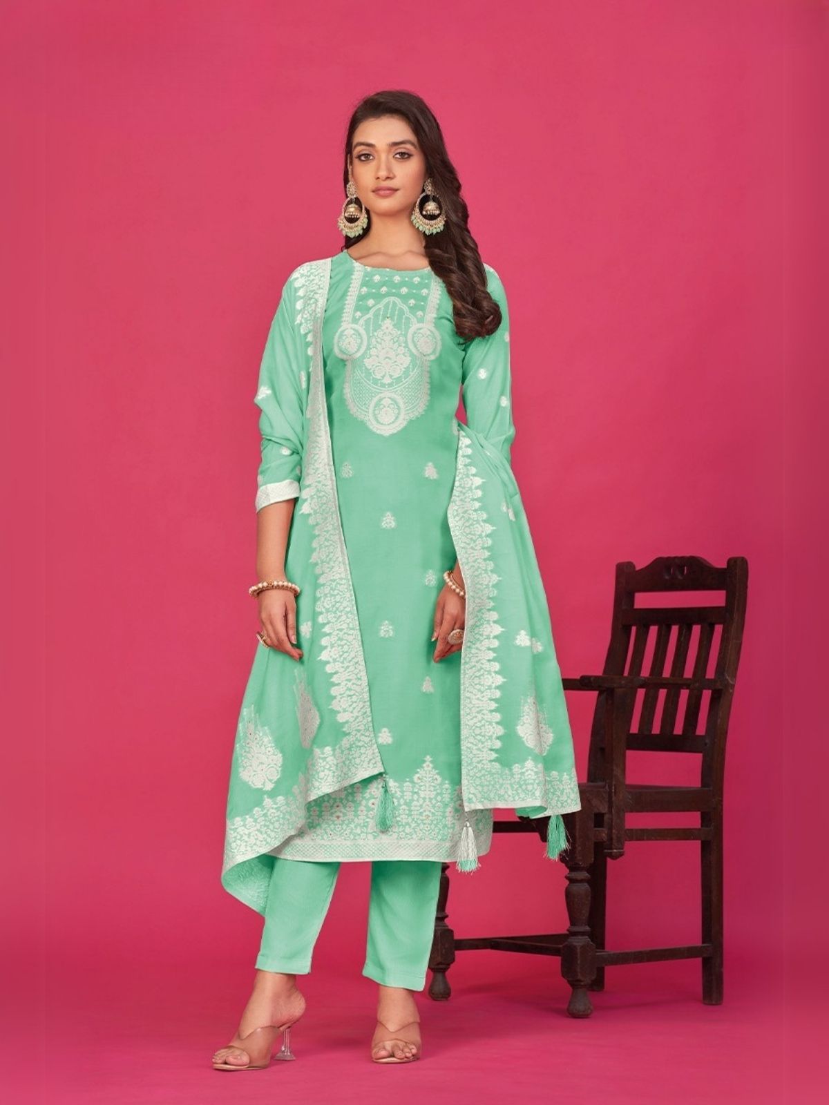 Odette Green Organza Embroidered Semi-Stitched Kurta Set For Women