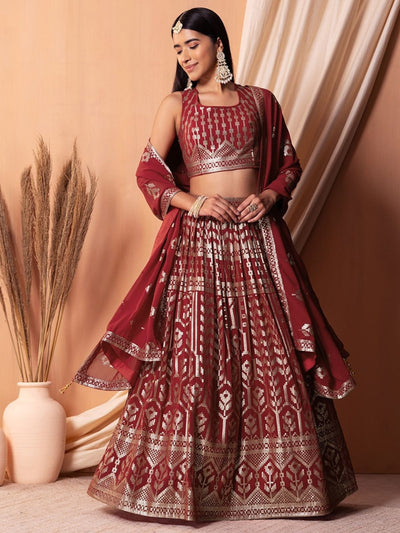 Odette Maroon Georgette Embellished Semi-Stitched Lehenga For Women