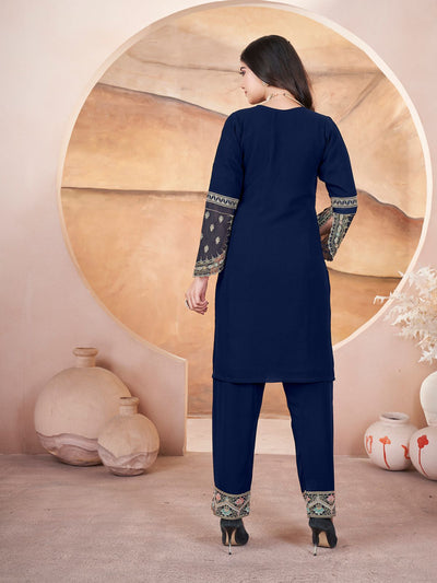 Odette Dark Blue Georgette Embroidered Stitched Kurta Set For Women