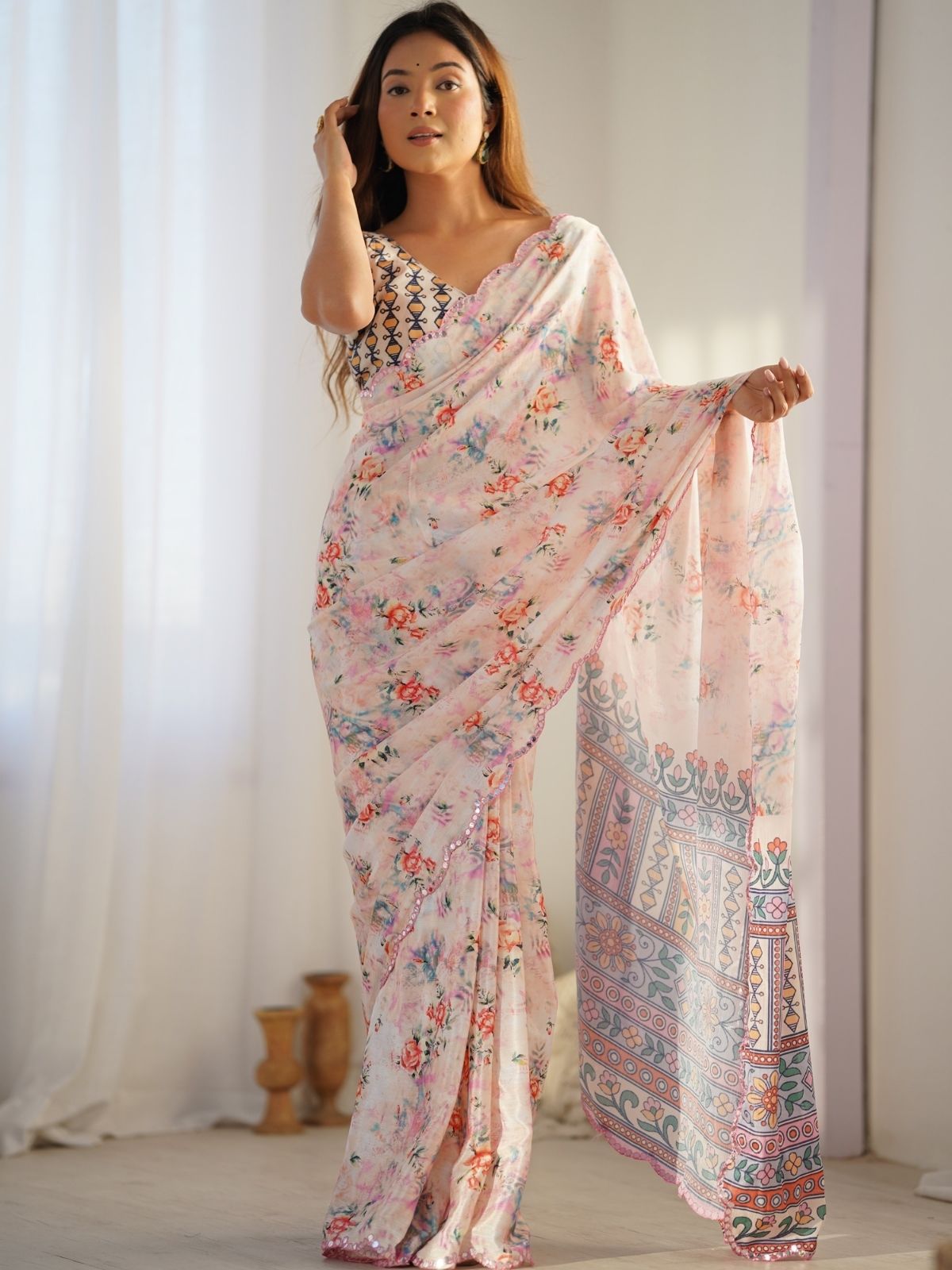 Odette Off White Chinon Printed Saree With Unstitched Blouse For Women