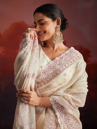 Odette Cream Soft Net Embellished Saree For Women