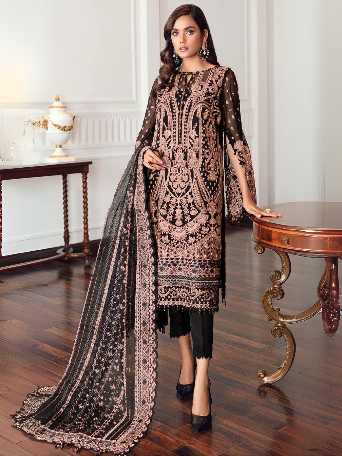 Odette Black Georgette Beige Embroidered Semi-Stitched Kurta Set For Women