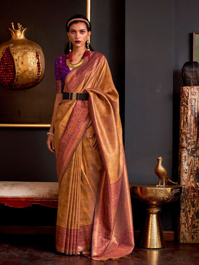 Odette Gold Silk Blend Woven Saree With Unstitched Blouse For  Women