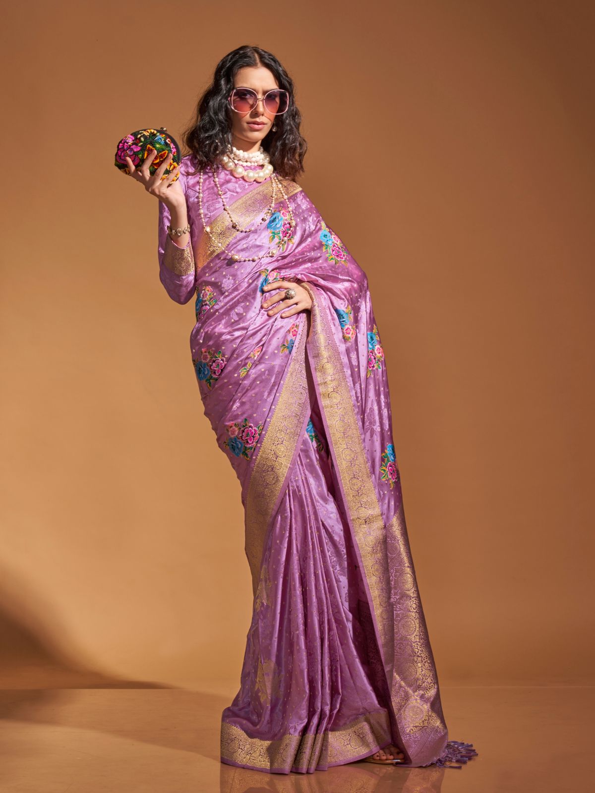 Odette Light Pink Satin Woven Saree With Unstitched Blouse For Women