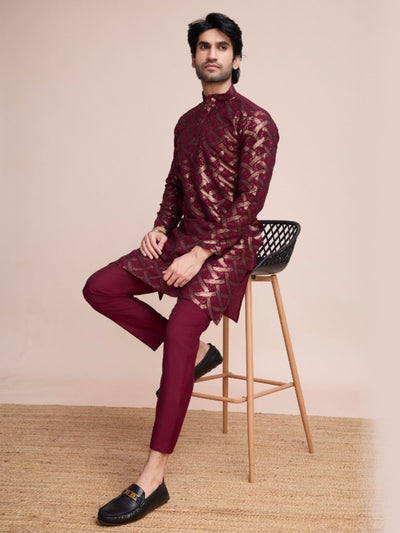 Odette Maroon Silk Blend Sequins Stitched  Kurta For Men