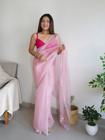 Odette Pink Organza Embroidered Saree With Unstitched Blouse For Women