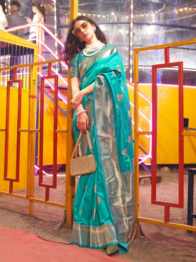 Odette Green Silk Blend Woven Saree With Unstitched Blouse For Women