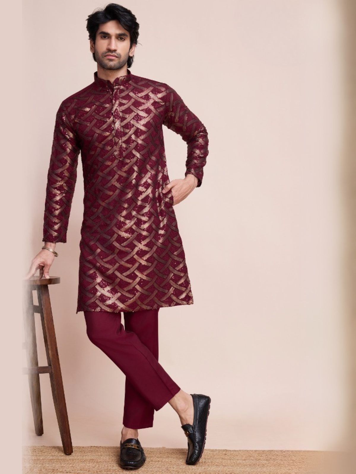 Odette Maroon Silk Blend Sequins Stitched  Kurta For Men