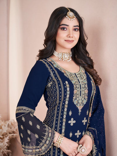 Odette Dark Blue Georgette Embroidered Stitched Kurta Set For Women