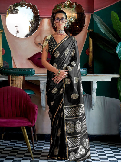 Odette Black Satin Woven Saree With Unstitched Blouse For Women