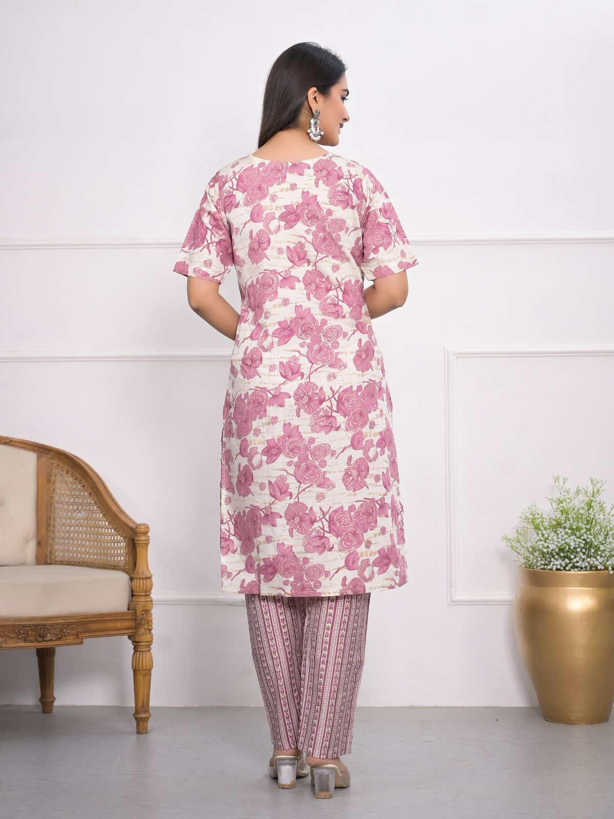 Odette Off White And Pink Chanderi Embroidered And Printed Stitched Kurta Set Without Dupatta For Women